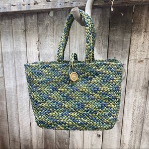 Vintage Wicker Woven Green Blue Beach Bag Purse
